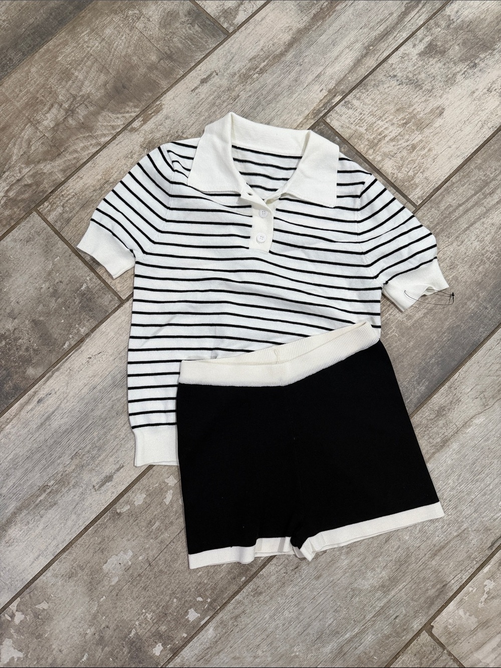 Black & White Striped Polo Knit Top with Black Trim Shorts
